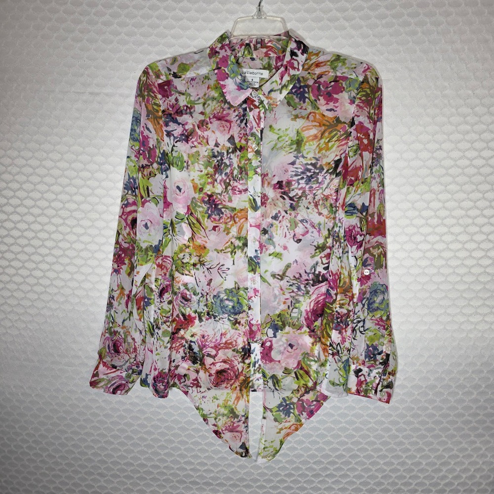 Liz Claiborne Floral Watercolor Sheer Tie Front Button Up Blouse Small